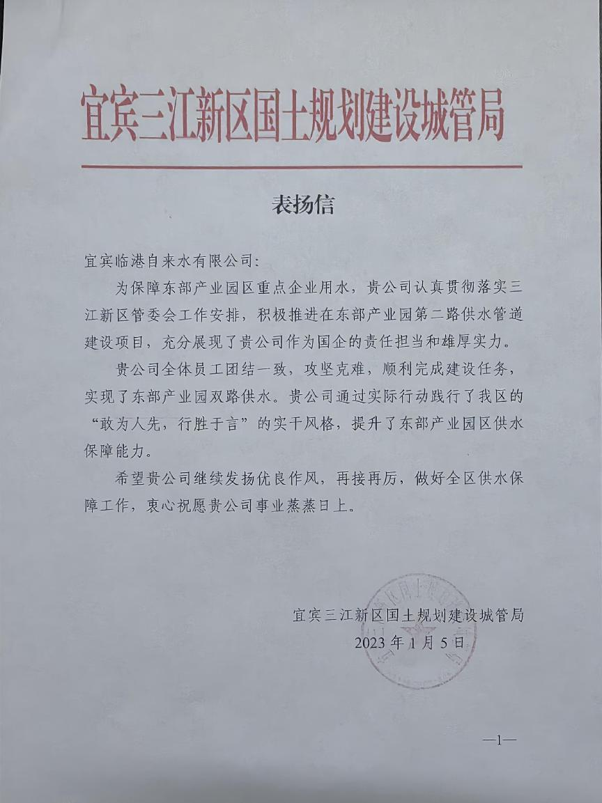 敢為人先 行勝于言 ——臨港公司獲三江新區(qū)國土規(guī)劃建設(shè)城管局表揚信